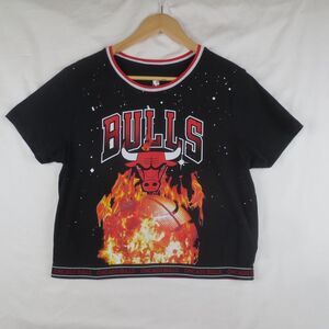 VTG NBA Chicago Bulls T Shirt Womens‎ L Black Short Sleeve Graphic Crop Top Y2K